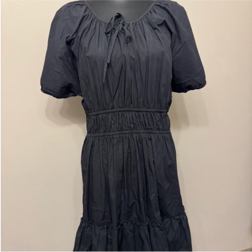 J. Crew Black Puff-Sleeve Midi Dress with Smocked Waist